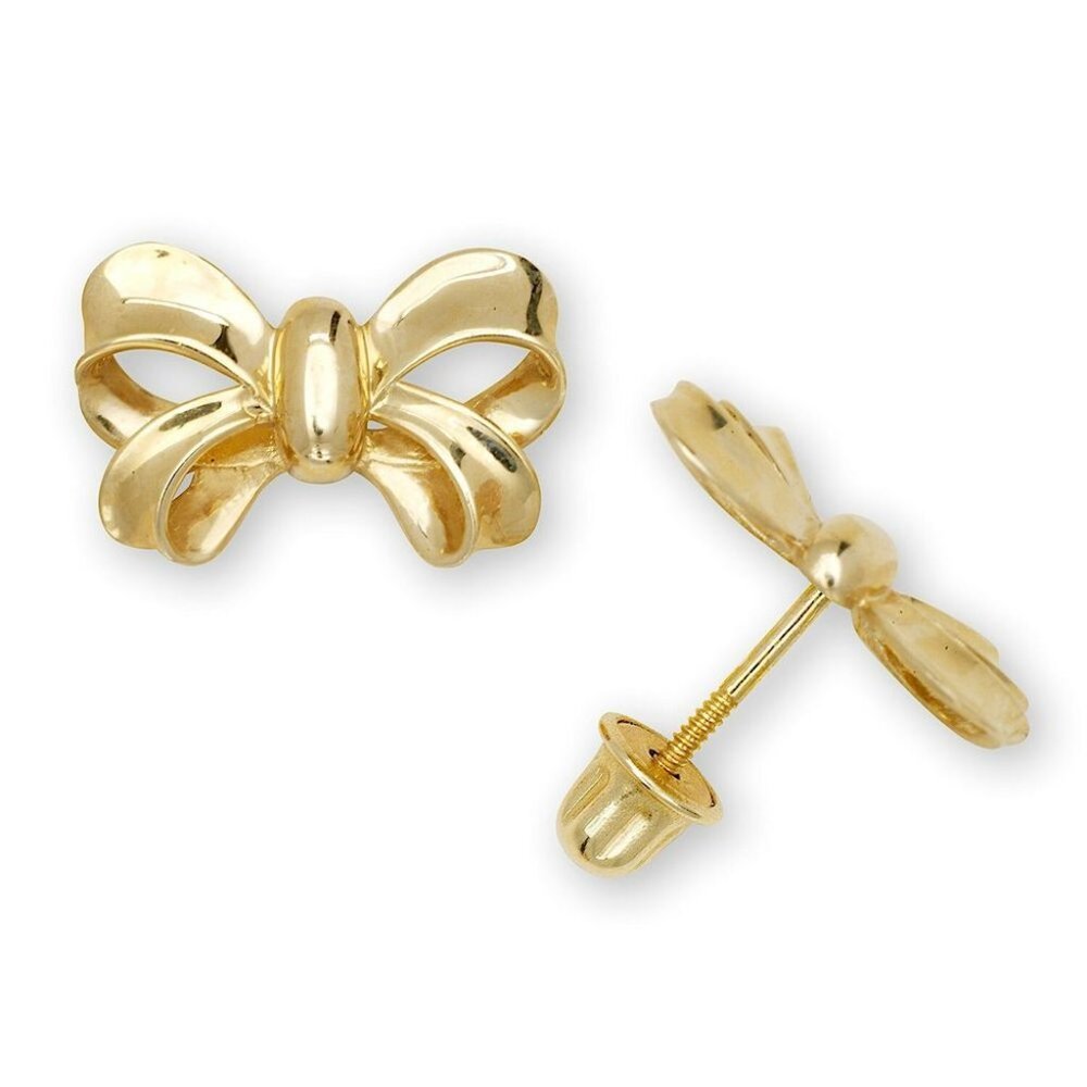 14K Solid Gold 8mm 11mm Bow Minimal Stud Screw Back Earrings Size 11mm